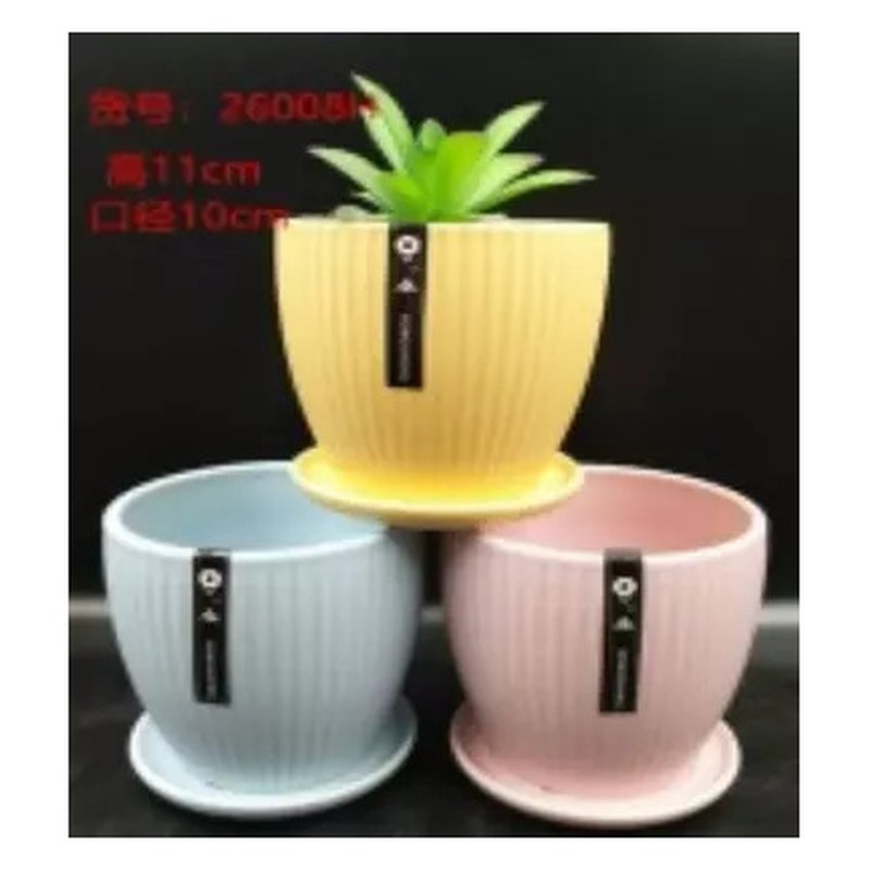 Ribbed round pot with saucer, pastel