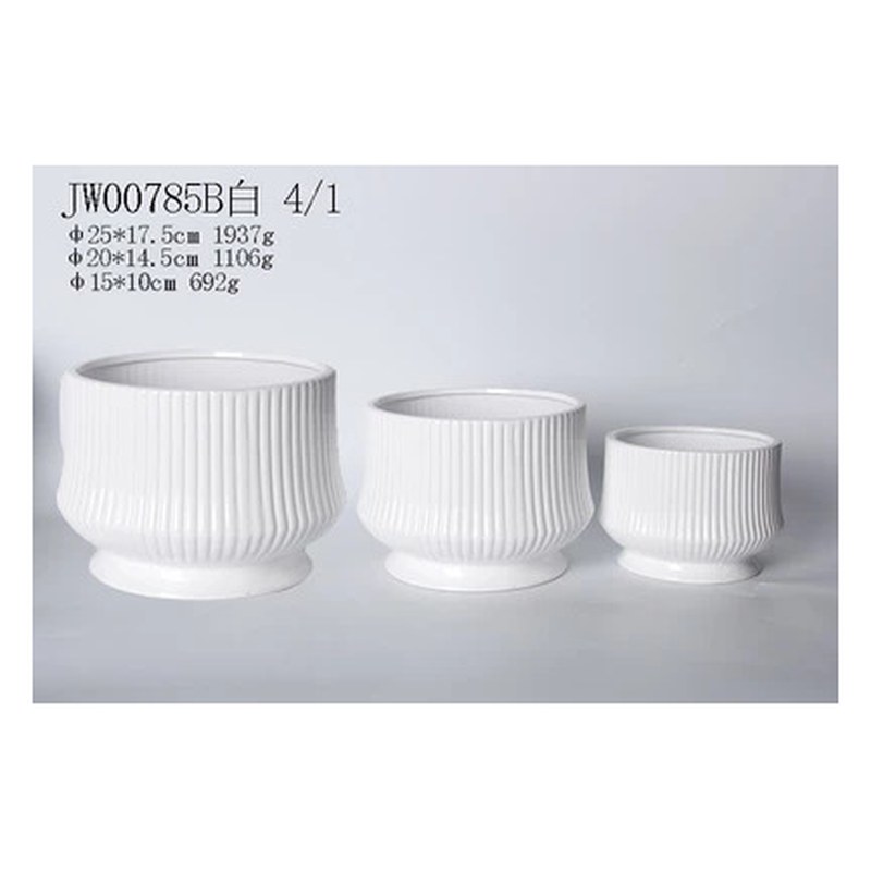 Ribbed pedestal ceramic pot set of 3, white