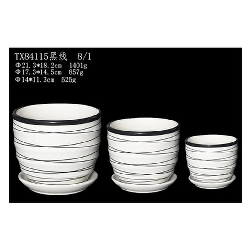 Striped ceramic pot set of 3, black and white