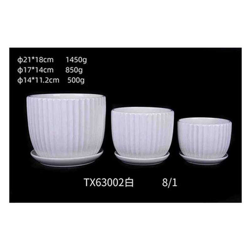 Ribbed ceramic pot set of 3, white