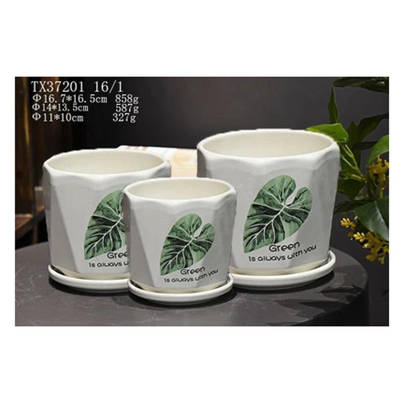 Green leaf ceramic pot set of 3