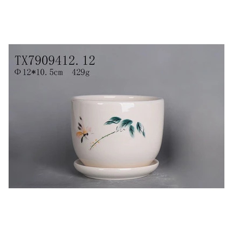 Dragonfly print ceramic pot with saucer