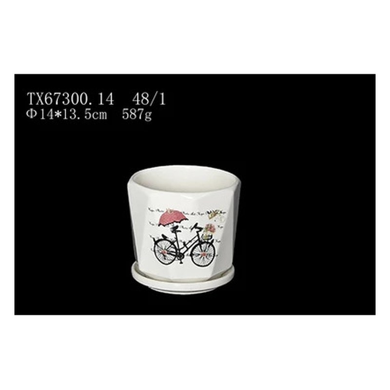 Bicycle print ceramic pot with saucer