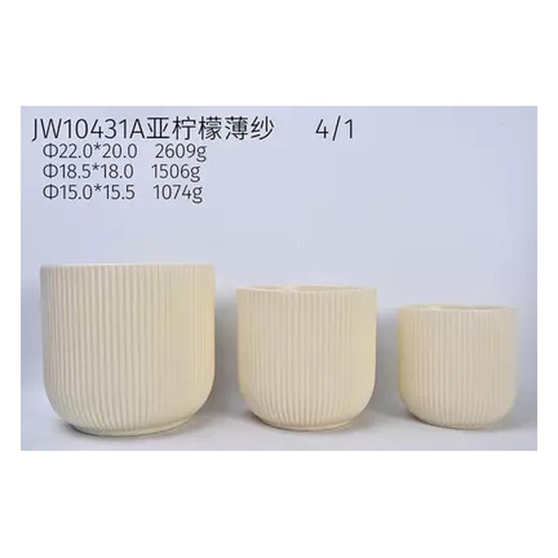 Ribbed ceramic pot set of 3, 22 cm - Cream