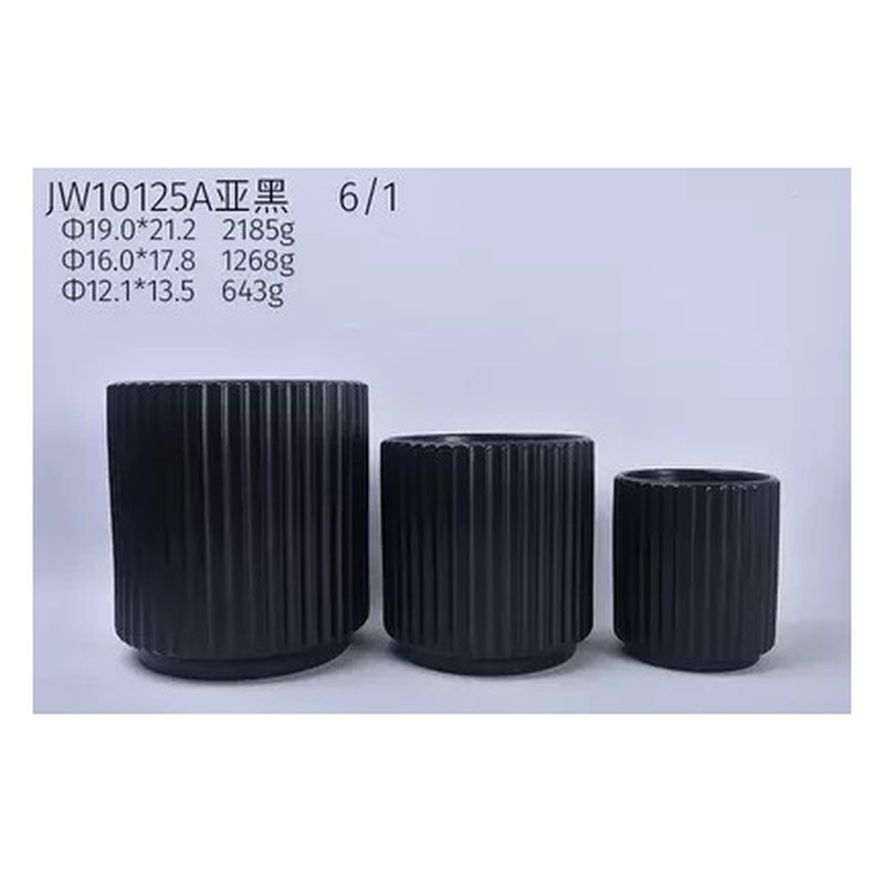Ribbed ceramic pot set of 3, black