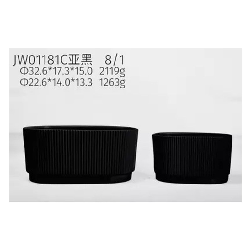 Ribbed oval planter set of 2, black
