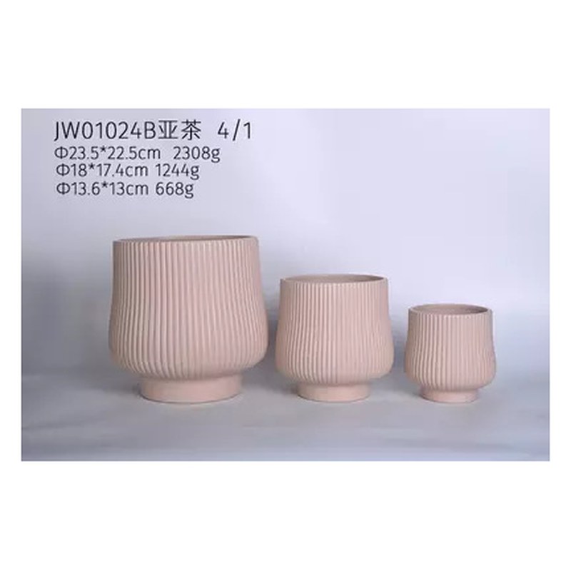 Ribbed ceramic pot set of 3, pink