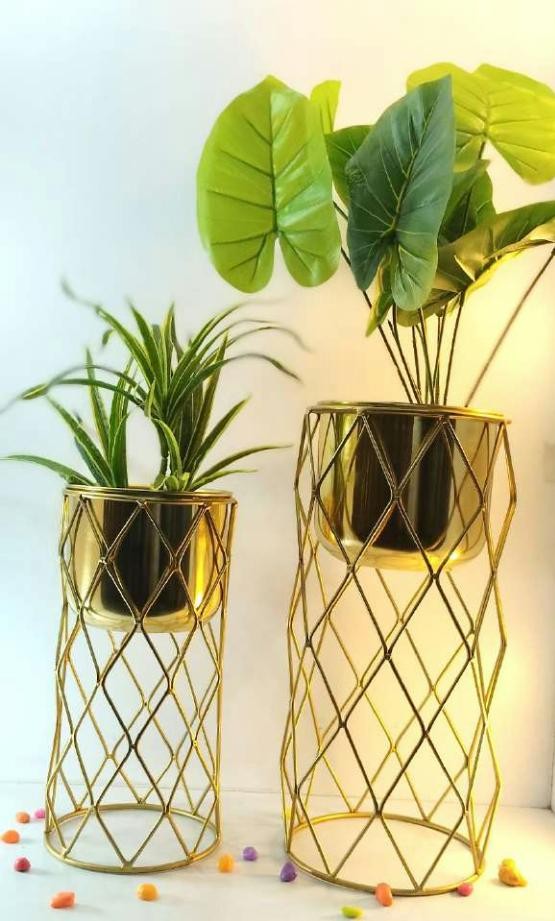 Metal iron planter set of 2 in plating brass copper 1527
