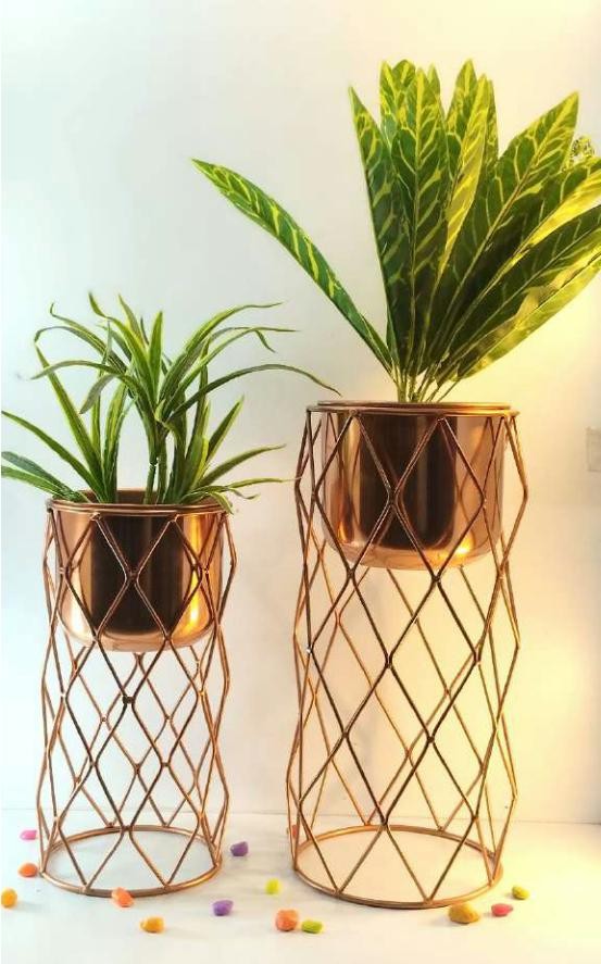 Metal iron planter set of 2 in plating brass copper 1527, image 2 of 2