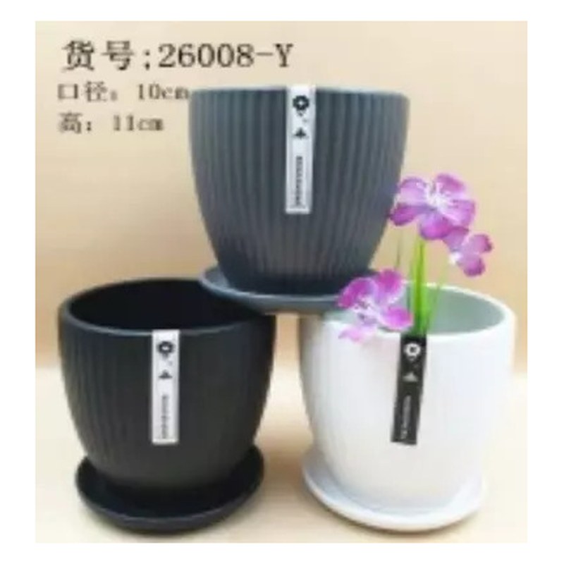 Ribbed round pot with saucer, grey and white