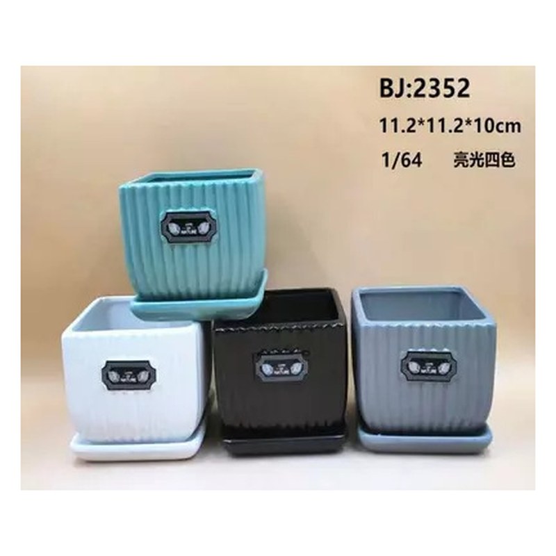 Square ribbed ceramic pot with saucer, deep colours