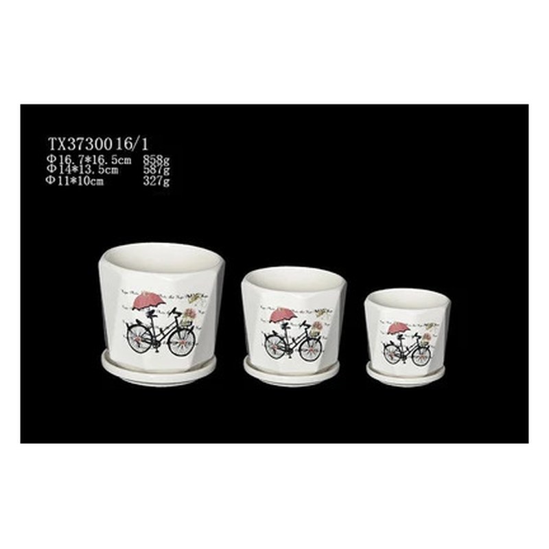 Bicycle print ceramic pot set of 3