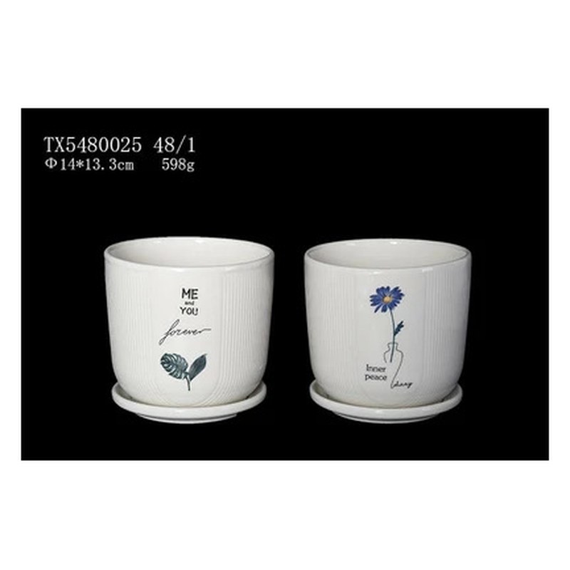 Flower print ceramic pot with saucer
