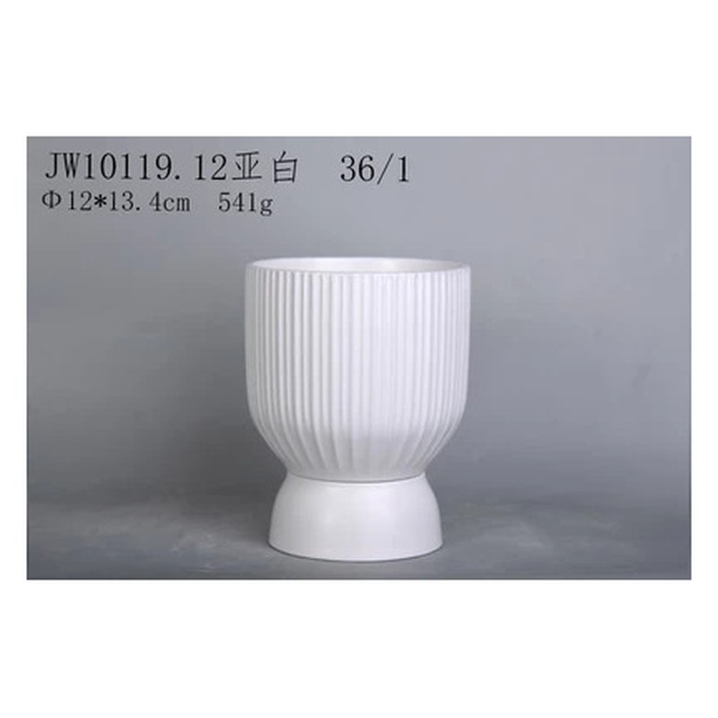 Ribbed pedestal ceramic pot, white
