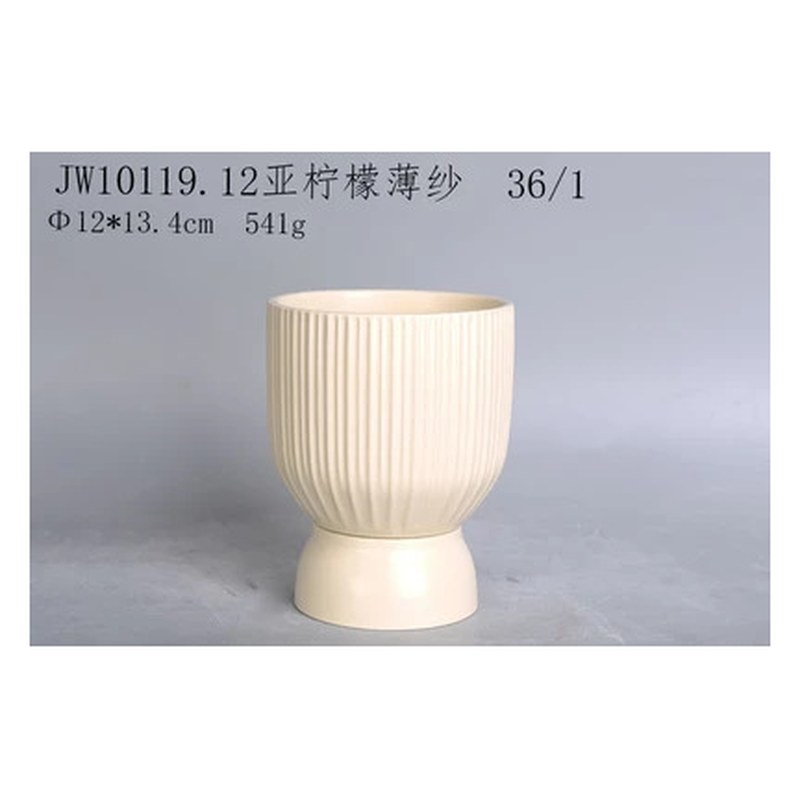 Ribbed pedestal ceramic pot, cream