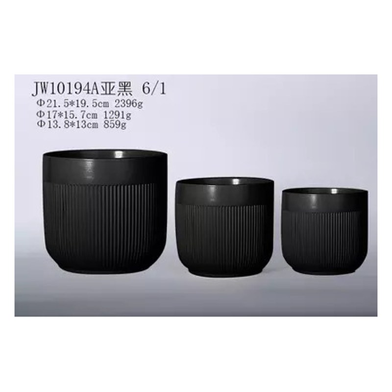 Ribbed ceramic pot set of 3, 21.5 cm - Black